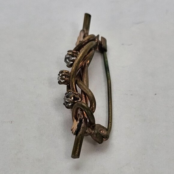 VTG Brooch Gold Tone Bar Rhinestone Antique Regencycore Leaf Accent Fairycore 2" - Picture 12 of 16